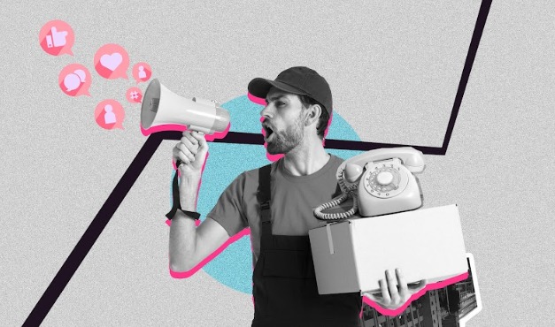 imagem é uma ilustração de um homem empreendedor segurando um auto-falante para divulgar seu trabalho,