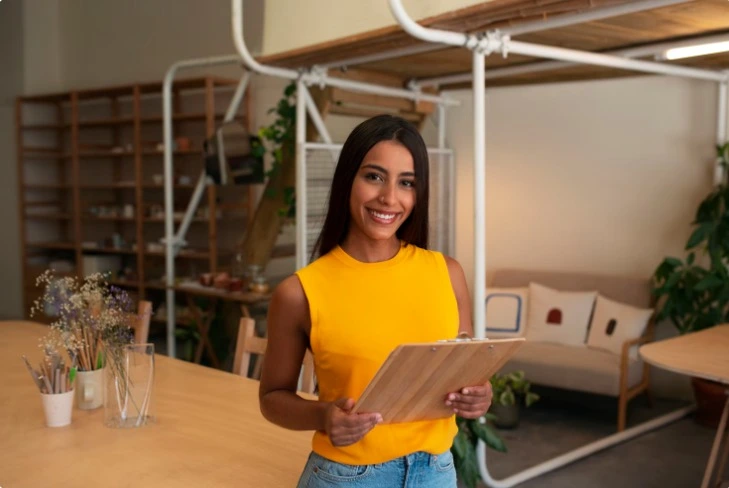 empreendedora na produção de sua empresa segurando uma prancheta . Uma ilustra o artigo Meta ads para pequenas e médias empresas (PME's)