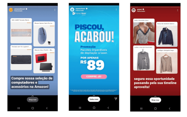 3 exemplos de stories impulsionados por meio da criação de anúncios no meta ads