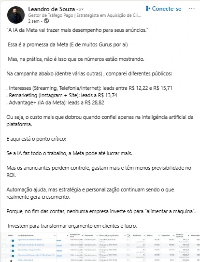 imagens mostra exemplo de postagem no linkedind da Leandro de Souza Gestão de Tráfego Pago. 