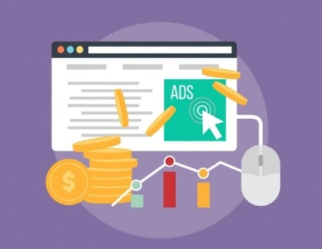 Ilustração mostra atraves da representação de um anuncio com uma seta de mousa na tela e e algumas moedas como funciona um anuncio pago, fazendo referencia na imagem ao chamado custo por clique, bem característico desse tipo de mídia.