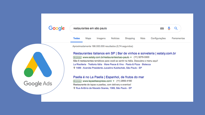 imagem com logo da plataforma Google ADS à esquerda e ao lado dela um exemplo de anúncio pago que aparece na busca do Google. 