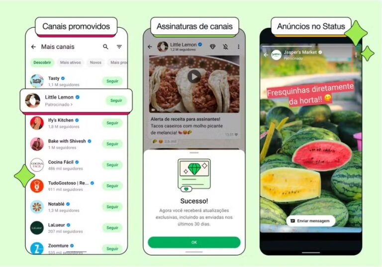 imagem mostra exemplos de publicidades que irão aparecer em anúncios no whatsapp.