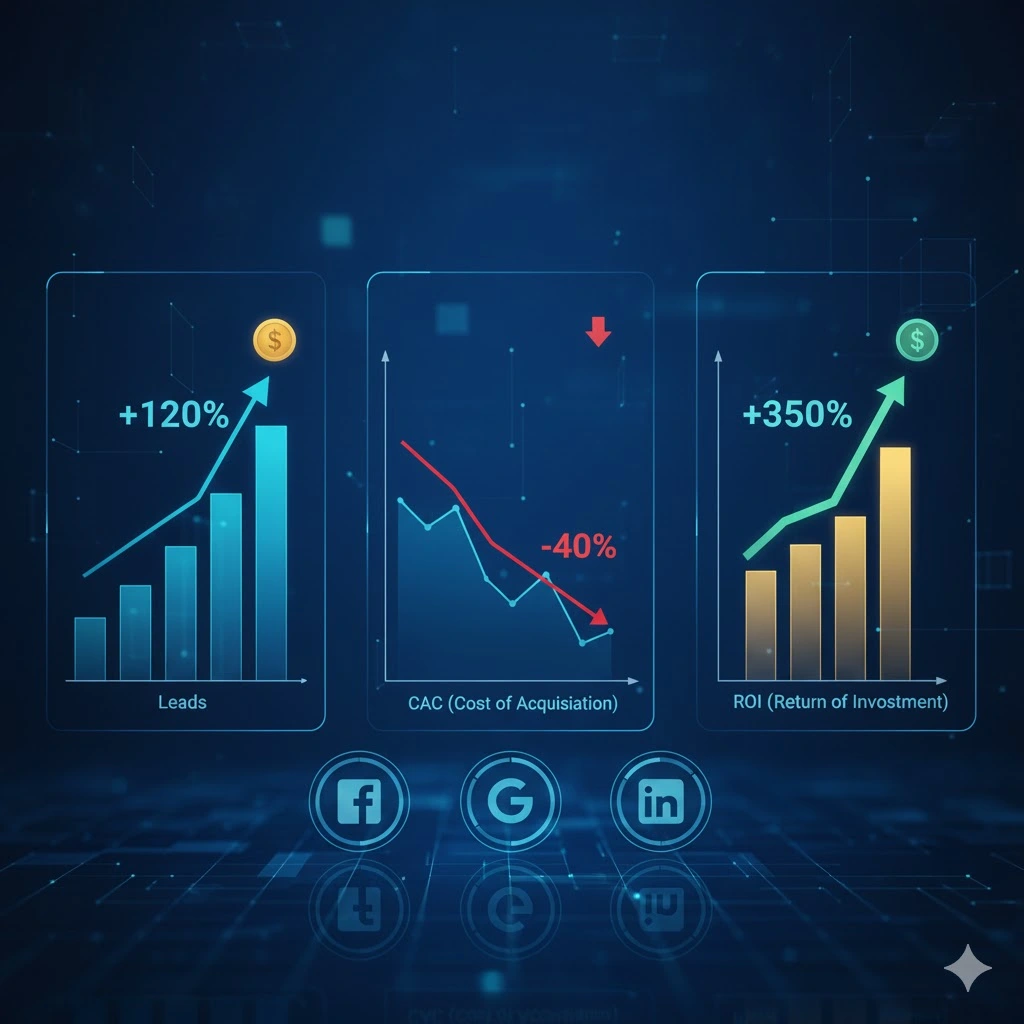 ilustração de com gráfico em barras representando anuncios no Google ads, facebook ads e linkedin ads