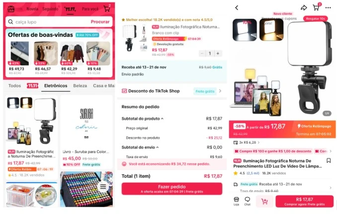 Interface do Tiktok shopping representando a plataforma no artigo sobre tiktok shopping.
