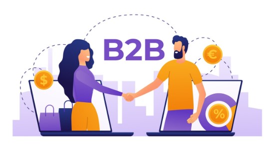 ilustração em vetor mostra um homem e uma mulher de mãos dadas saindo de computadores com a sigla B2B escrita por extenso entre eles.