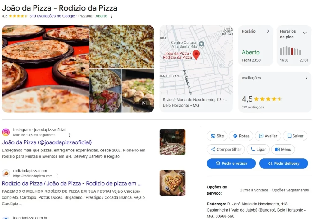 exemplo de perfil empresa google, mostrando o perfil de uma pizzaria local