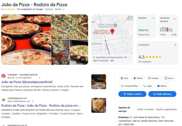 exemplo de perfil empresa google, mostrando o perfil de uma pizzaria local