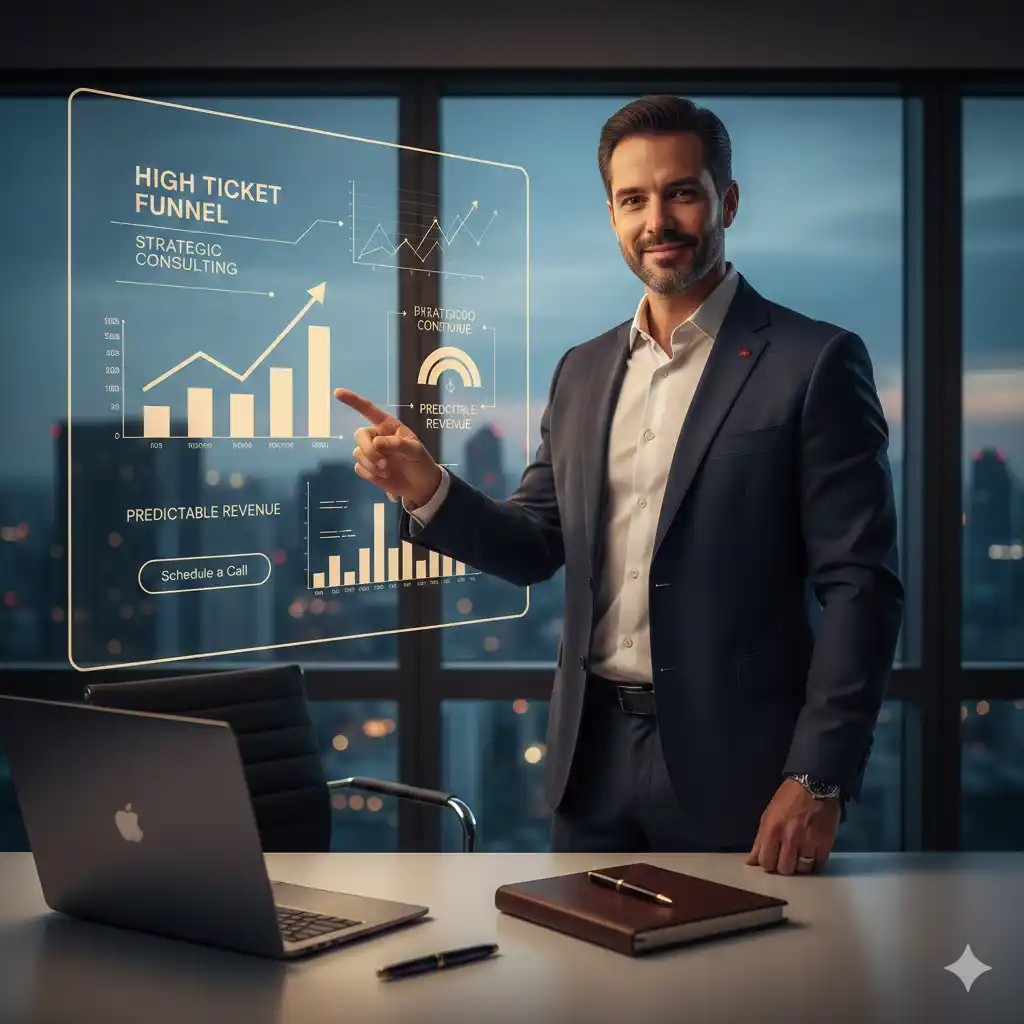 homem elegante mostrando um gráfico que representa o funil de vendas para aquisição de clientes com ticket alto e mercado alto padrão no artigo cliente high ticket.