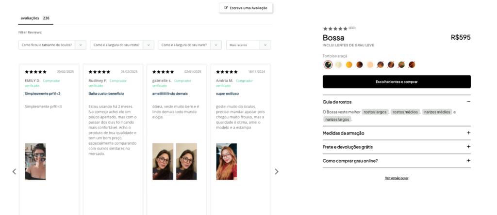 exemplo de área de avaliações de produto de um e-commerce no artigo sobre aumentar a taxa de conversão